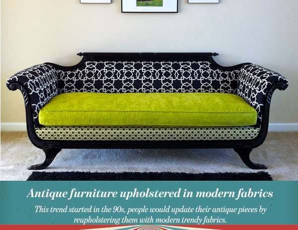 Antique furniture upholstered in modern fabrics